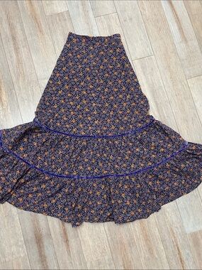 VTG Floral Tiered Maxi Skirt in Purple over Orange floral cottagecore whimsical